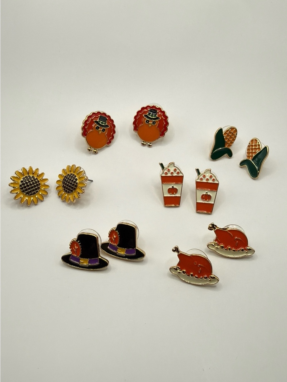 6 Pairs Fall Thanksgiving Stud Earrings Set Turkey Pumpkin Spice Sunflowers
